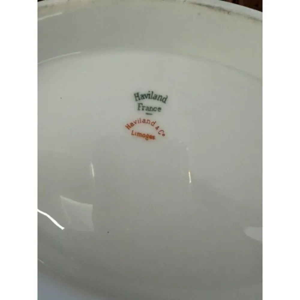 Haviland Limoges Antique Oval Tureen w Lid Serving Bowl Gold‎ Rim Green Vine